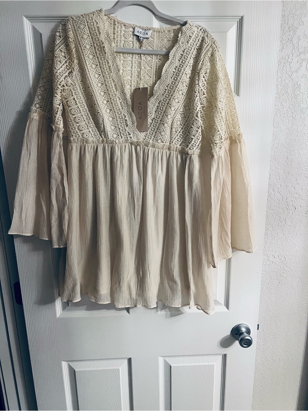 ACOA V-neck Crochet cotton gauze Tunic Top Dress